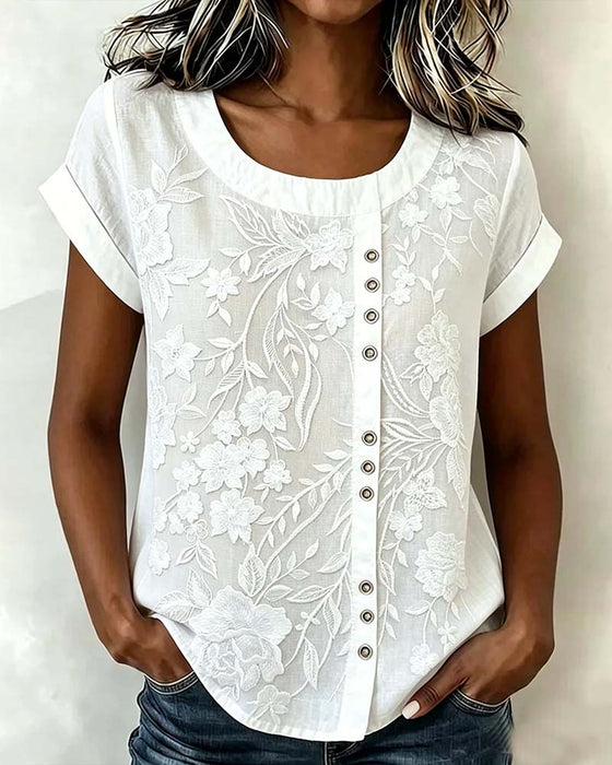 Floral Button Crewneck Short Sleeve Blouse