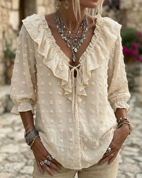 V-Neck Three-Dimensional Printed Puff Sleeves Blouse
