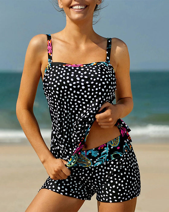 Flesh-Covering Polka-Dot Boxer Split Tankini
