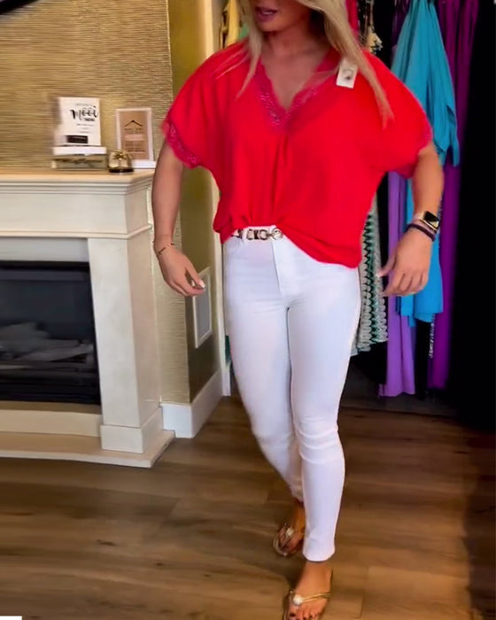 Spliced lace v-neck solid color top