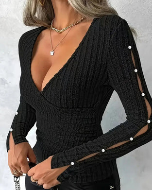 V-Neck Sexy Beaded Sleeve Knit Top