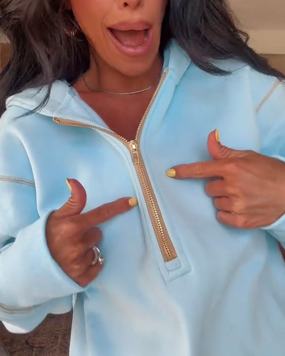 Loose Fit Hooded Solid Zip-Up Sweatshirt