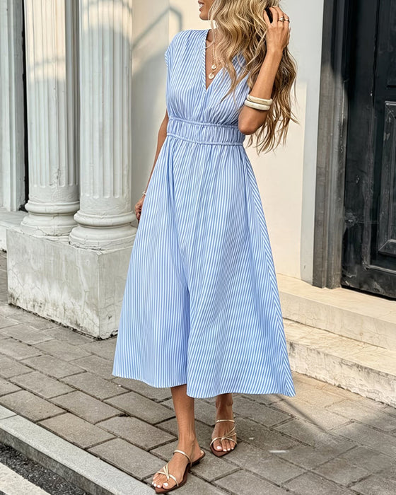 V-Neck Striped Fitted Waist Dress