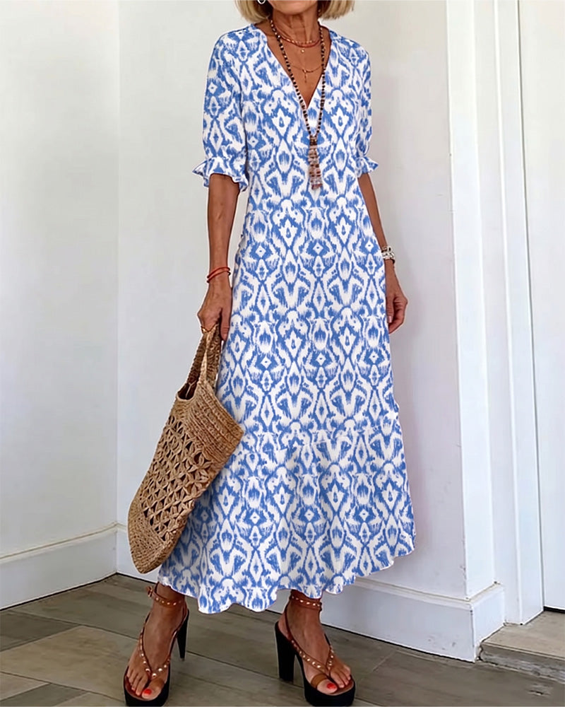V-Neck Mid-Length Sleeve Ruffle A-Line Dress