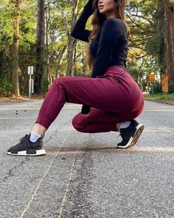 Elastic Waist Drawstring Pocket Tapered Pants