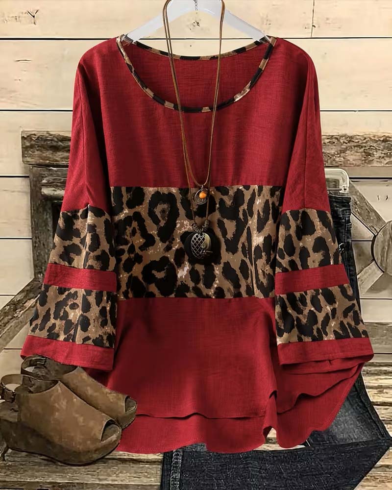 Crew Neck Leopard Color-Block Top