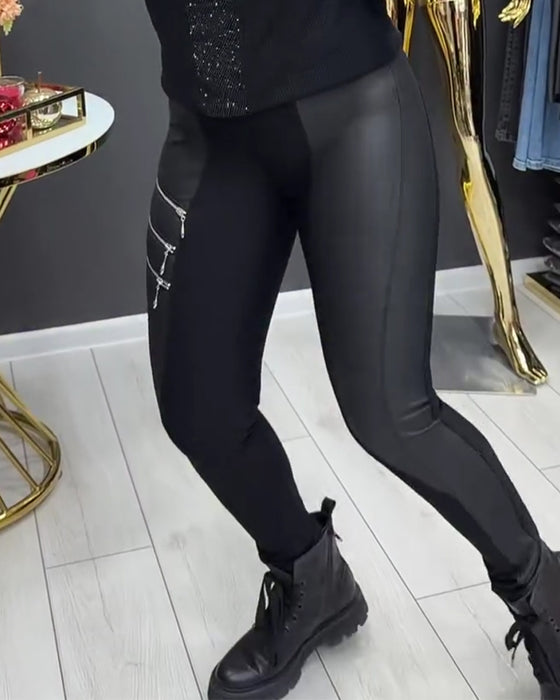 PU Patchwork Zipper Embellished Legging