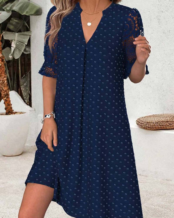 V-Neck Print Lace Patchwork A-Line Dress