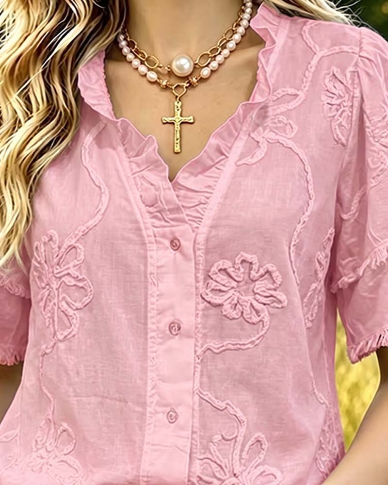 Fringed Hem Puff Sleeve Blouse