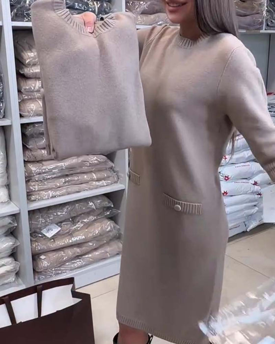 Crew Neck Elbow-Length Sleeve Sweater Dress