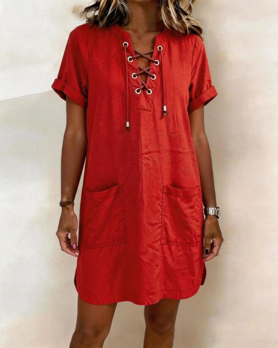 Tie V Neck Pocket Sheath Dress