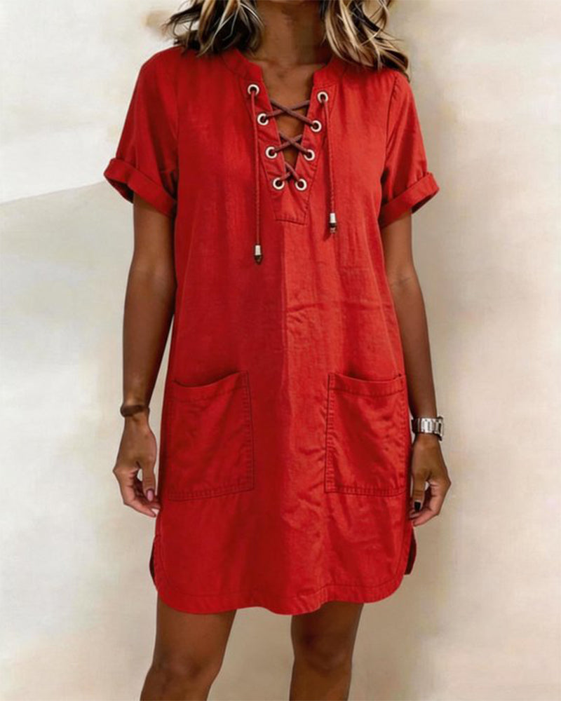 Tie V Neck Pocket Sheath Dress