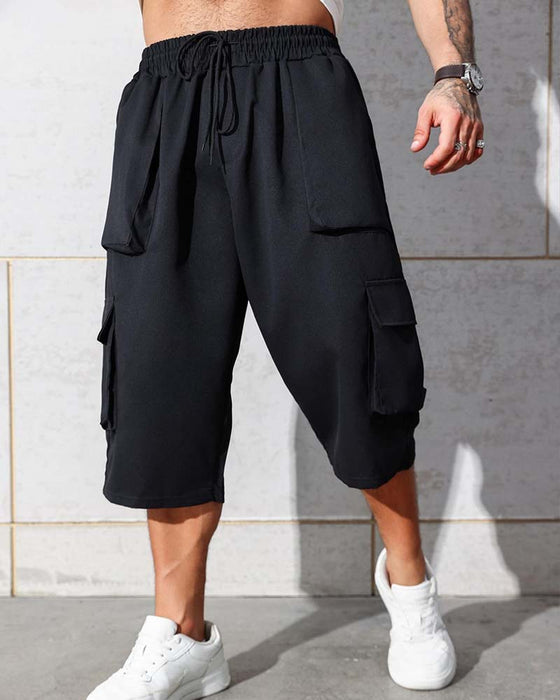 Elastic Waist Pocket Solid Color Cargo Pants