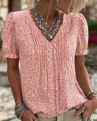 Puff Sleeve Floral Print Short-Sleeve Blouse