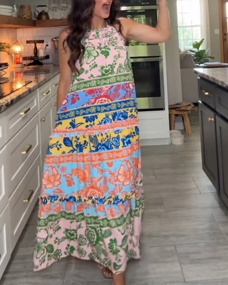 Printed Contrast Color Sleeveless Dress