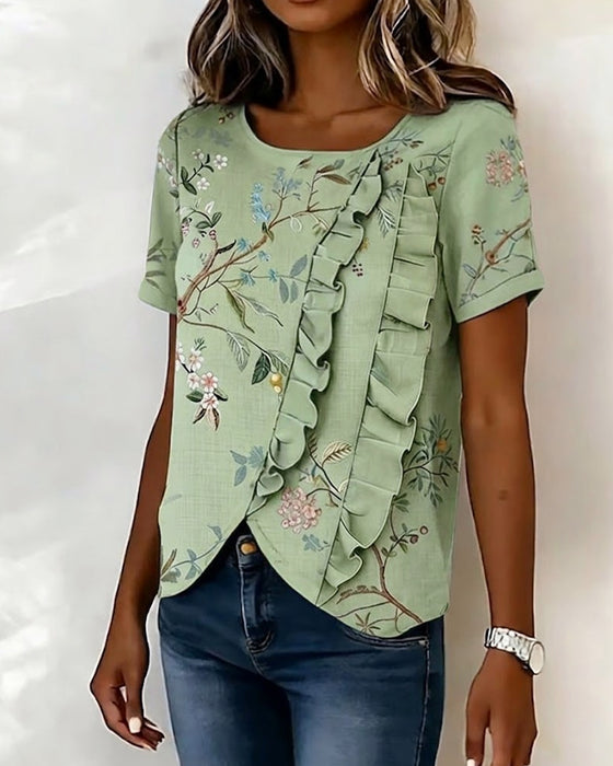 Crewneck Short Sleeve Ruffle Floral Blouse