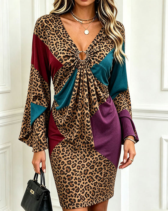 V-Neck Metal Button Leopard Print Contrast Color Dress