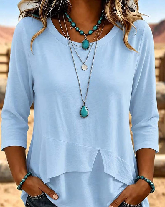 Crew Neck Patchwork Asymmetric Hem Top