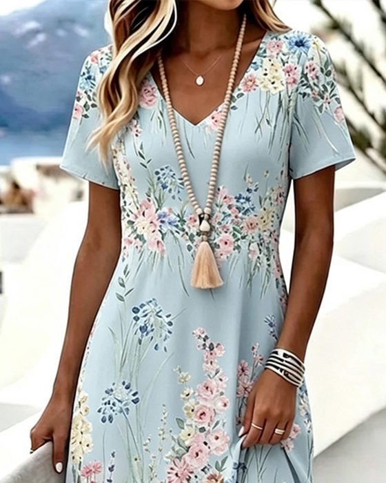 V-Neck Floral Short Sleeve A-Line Dress