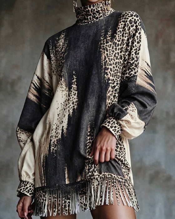 Turtleneck Leopard Color-Block Dress