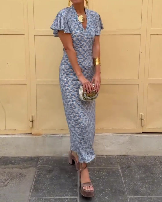 V-Neck Diamond Print Ruffled Sleeve Dress
