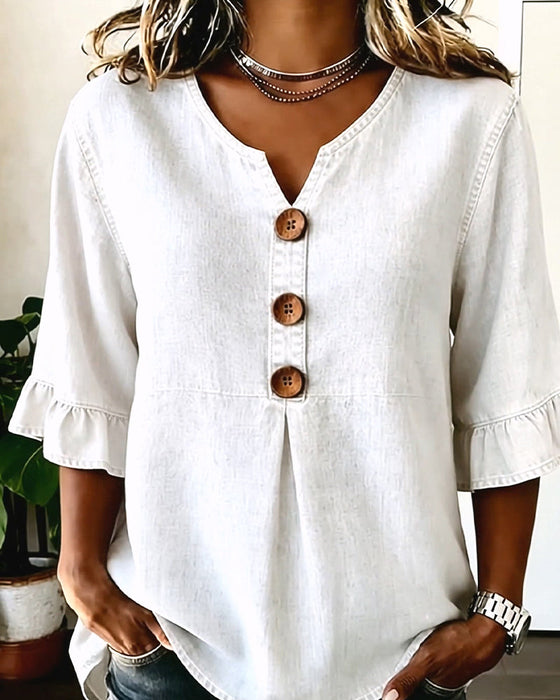 V-Neck Flared Sleeve Denim Blouse