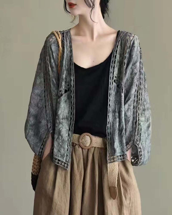 Solid Color Long Sleeve Hollow Out Cover Up