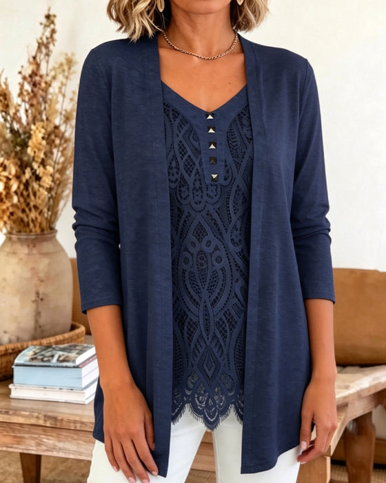 Fake Two Pieces Lace Patchwork Blouse