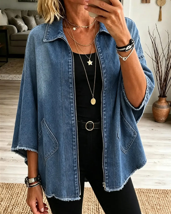 Lapel Zipper Fringe Denim Coat