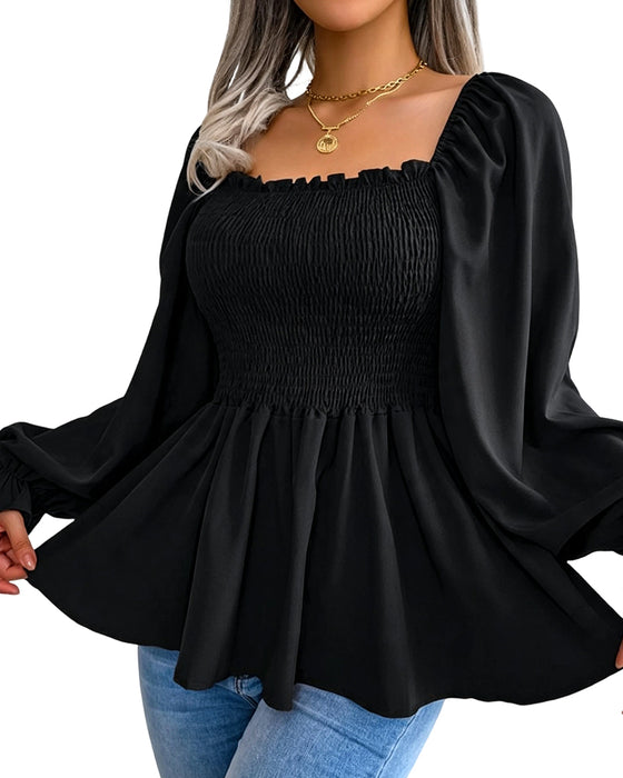 Ruffle Square Neck Long Sleeve Blouse