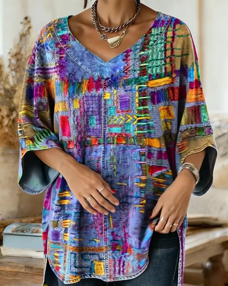 Colorful Geometric Print Wide-Sleeved Blouse