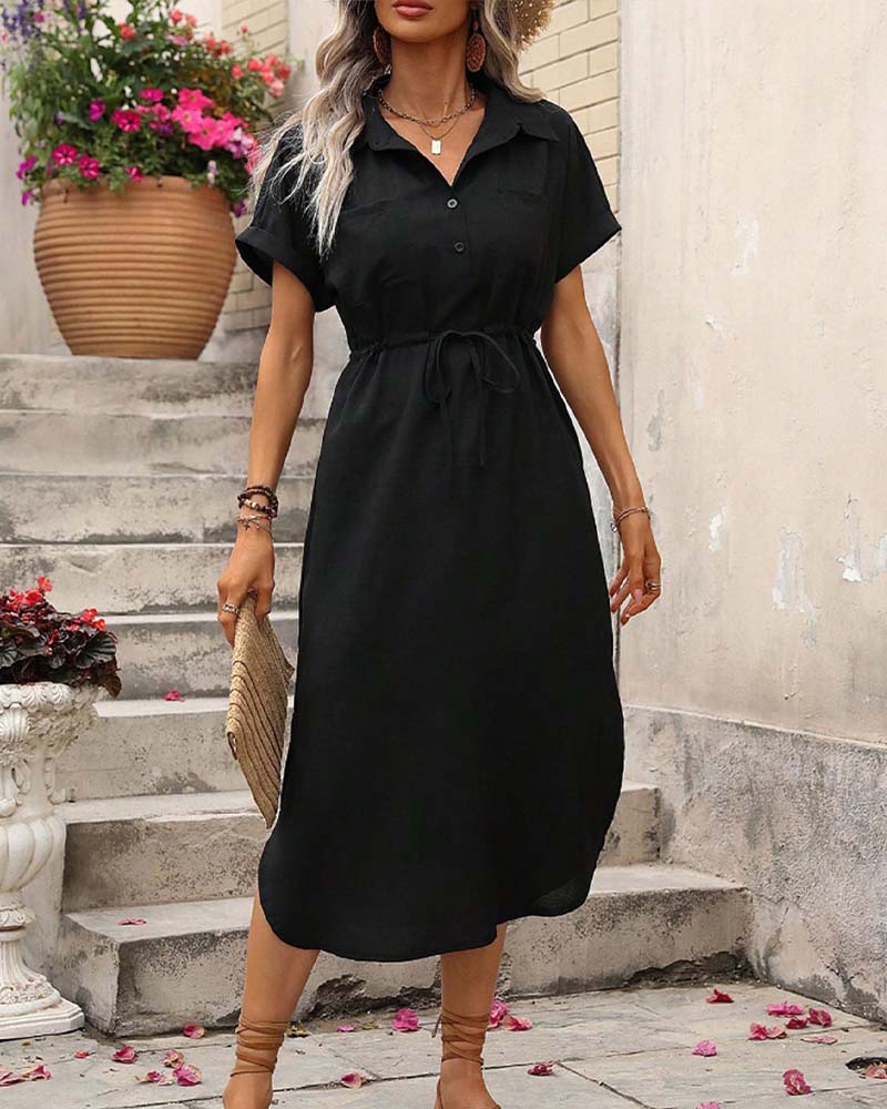 Lapel Waist-Cinching Shirt Dress