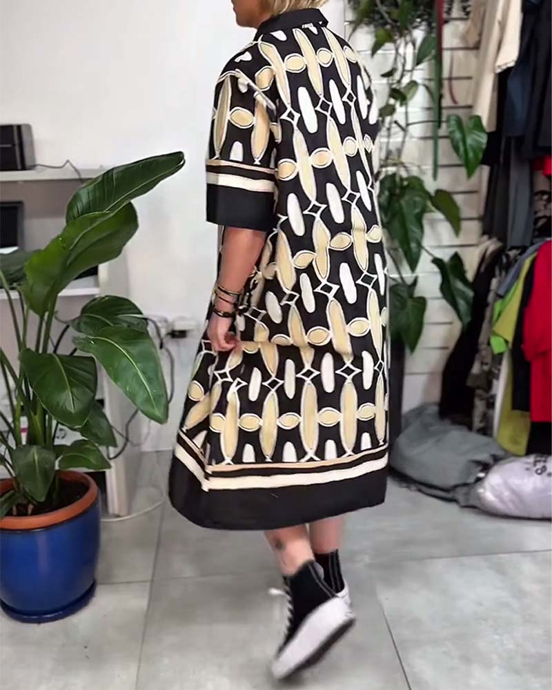 Collared Printed Short-Sleeve Loose Dress