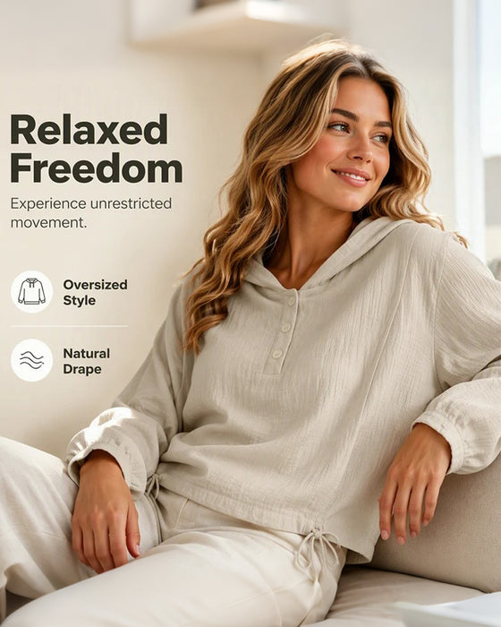Solid Button Hooded Long Sleeve Top