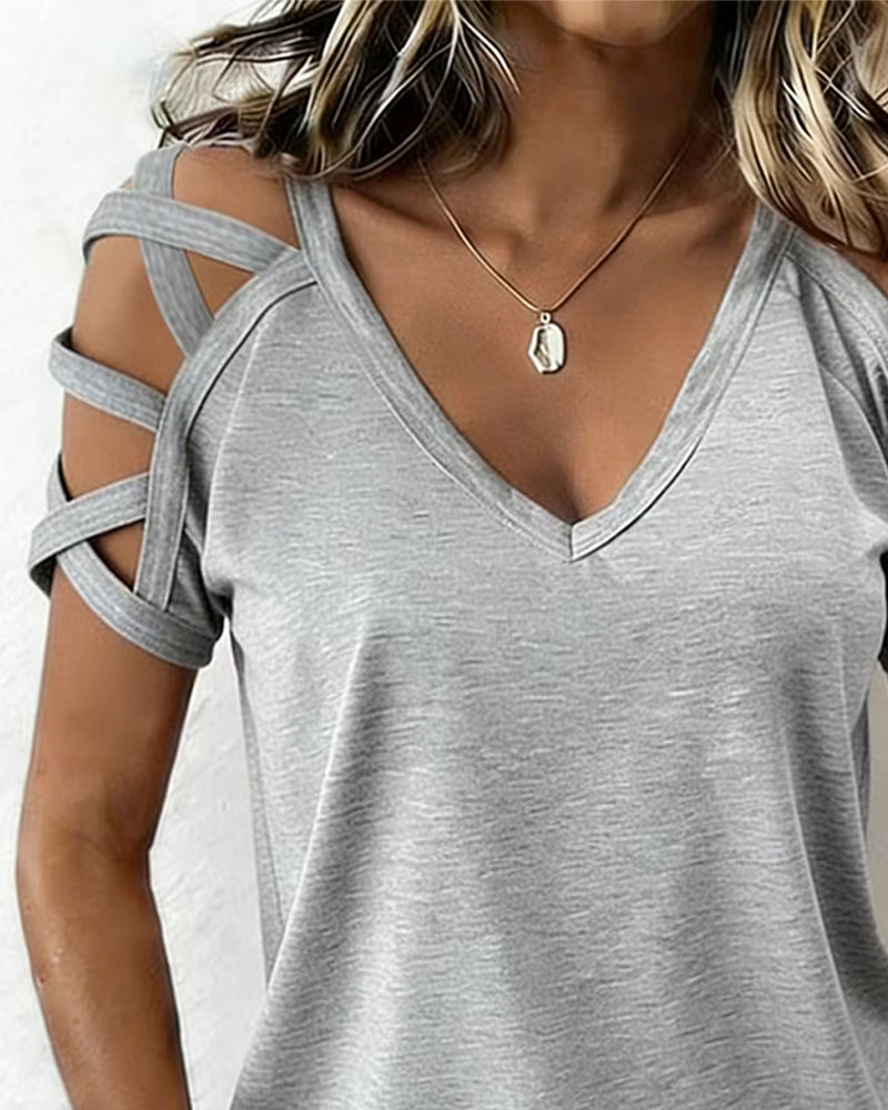 Crisscross Strap Cold Shoulder V-Neck T-Shirt