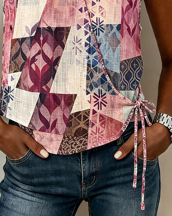 Casual Print Lace Up Blouse