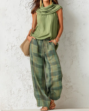 Sleeveless Top Plaid Wide-Leg Pants Set