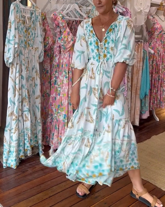 Women's V-neck leaf print maxi dress