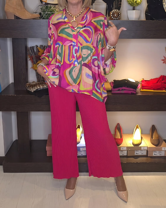 Colorful Geometric Puff Sleeve Printed Blouse