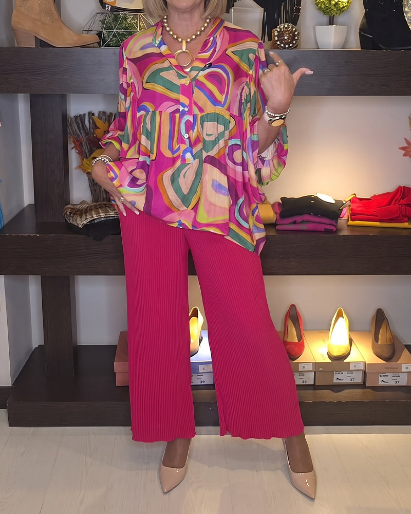 Colorful Geometric Puff Sleeve Printed Blouse