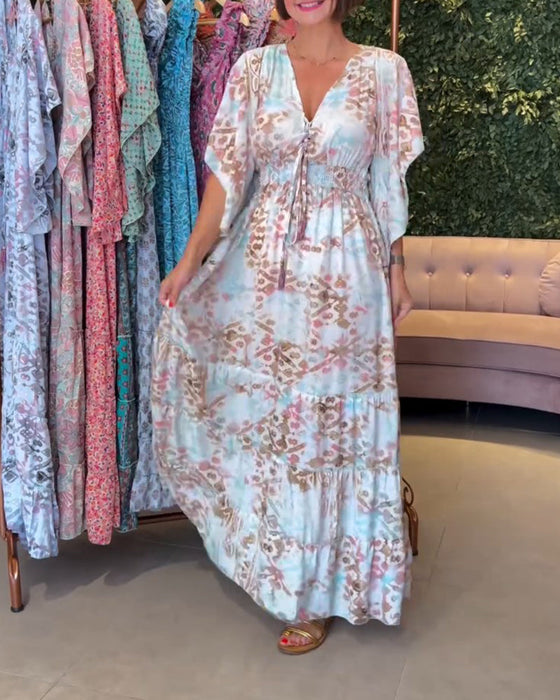 V-neck printed butterfly sleeve long dress