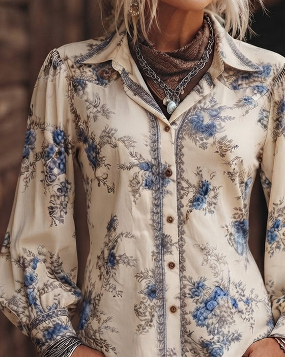 Vintage-Style Floral Long-Sleeve Shirt With A Collar