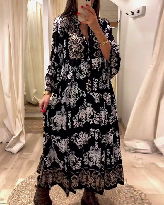 Vintage printed pleated loose dress