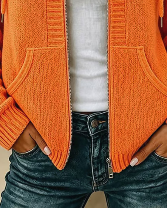 Hooded Zip Pocket Drawstring Sweater Coat