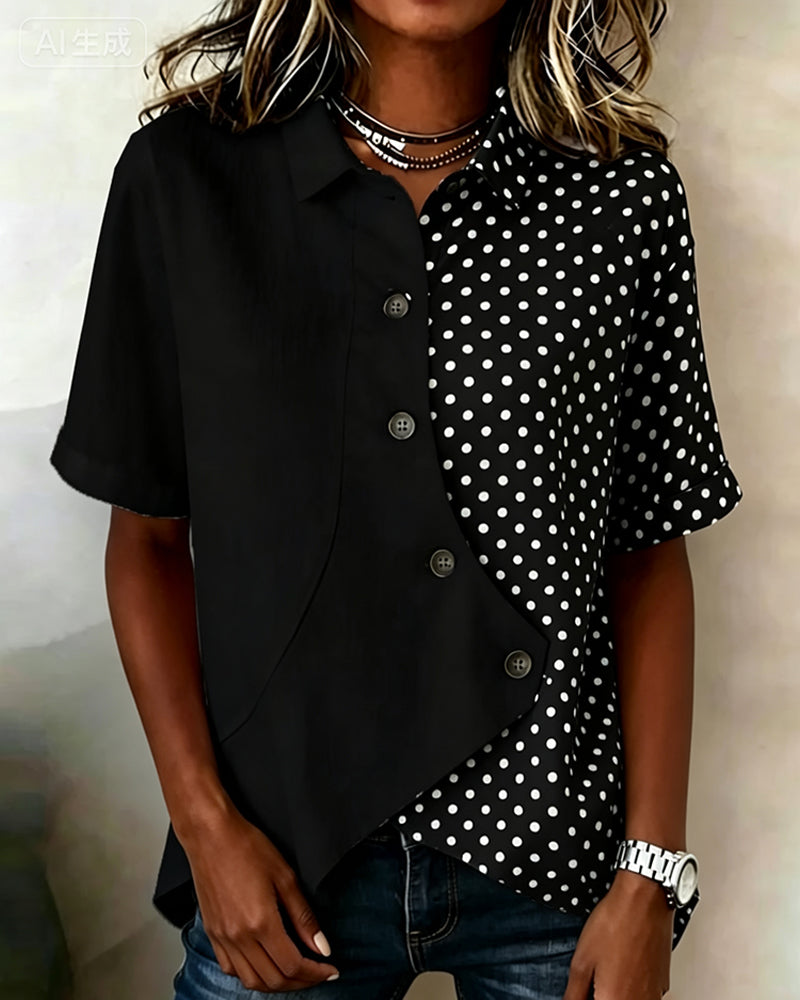 Color-Blocked Polka Dot Diagonal Button Shirt