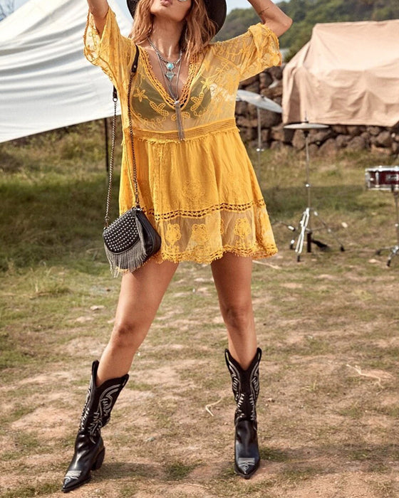 V-Neck Lace Embroidered Smock