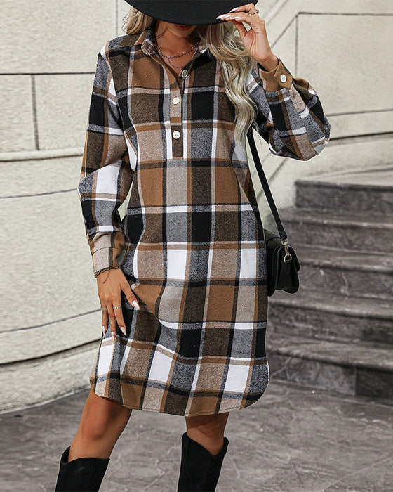Plaid Lapel Shift Dress