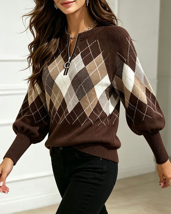 Plaid Jacquard Half-Zip Lantern Sleeve Pullover