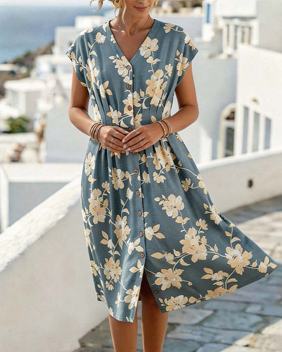 V-Neck Print Cinched Waist Button-Front Dress