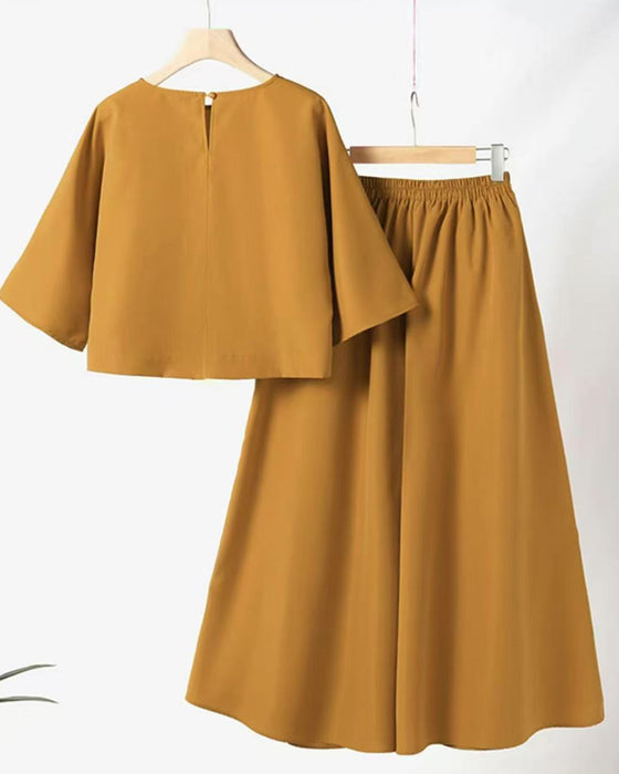 Solid Three-Quarter Sleeve Long Pants Two-Piece Set